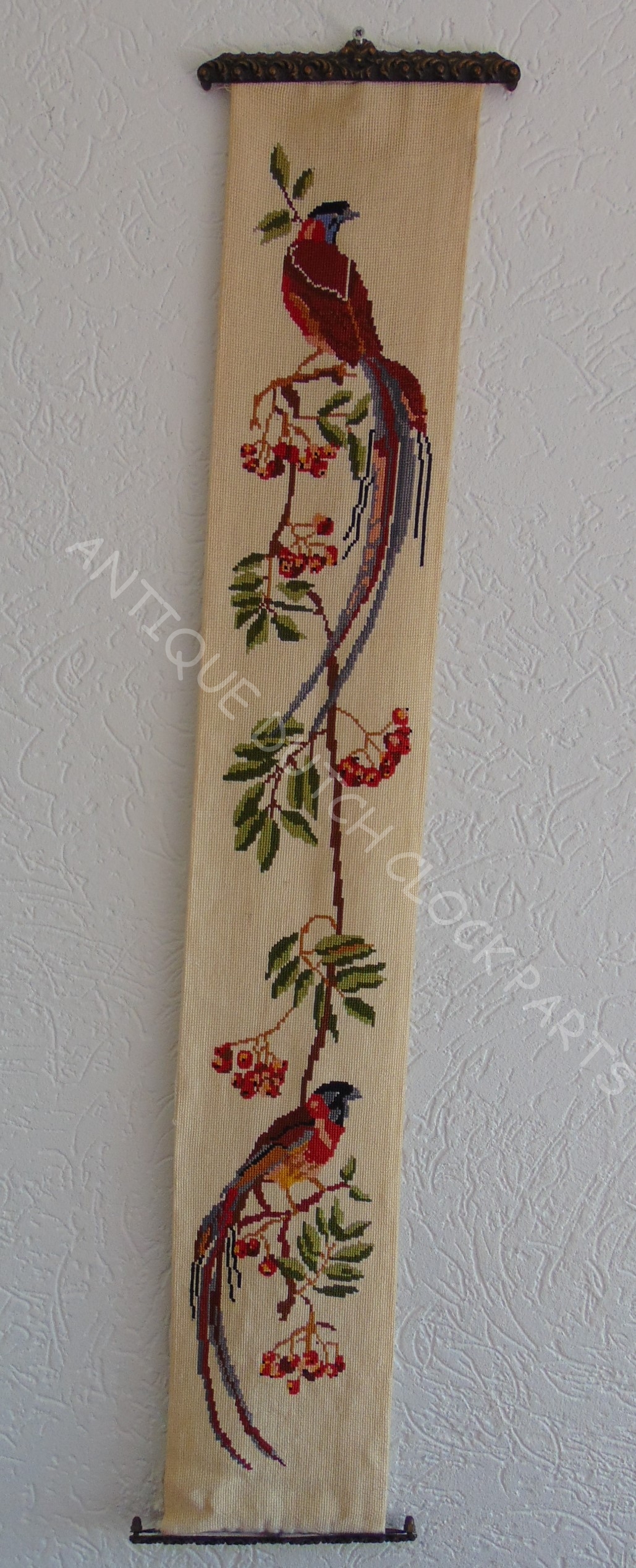 DUTCH VINTAGE BELL PULL CORD EMBROIDERED BIRDS OF PARADISE NICE HARDWARE